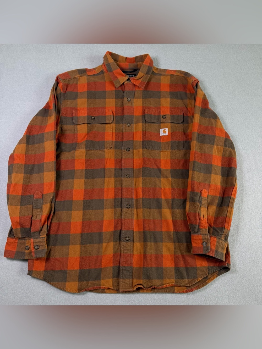 Carhartt Loose Fit Flannel Shirt Mens Size Large Orange Brown Plaid Cotton EUC